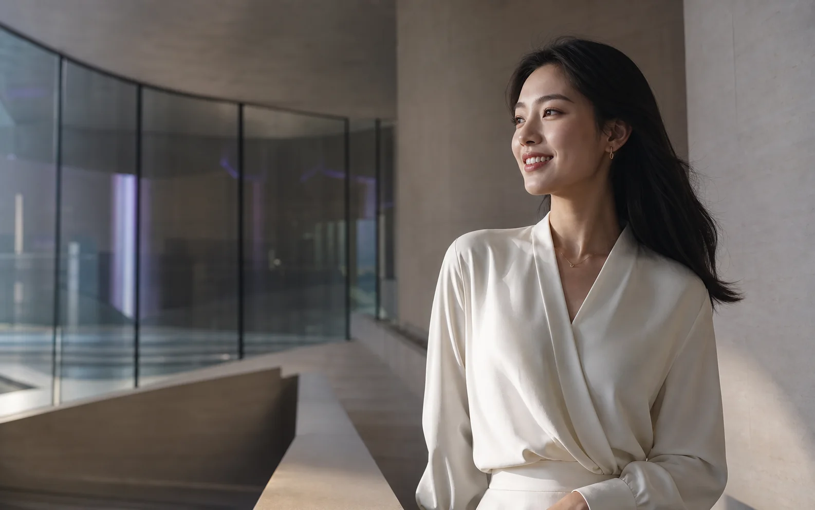 身处现代建筑空间、自然微笑的女性品牌视觉